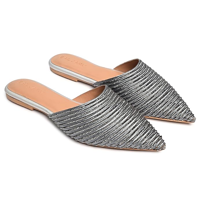 Baljaru Women's Gold Stone Sheet Pointed Toe Mules – Stylish & Comfortable