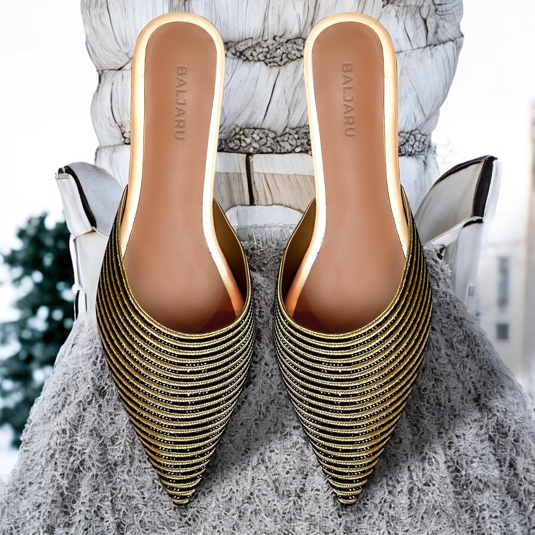 Baljaru Women's Gold Stone Sheet Pointed Toe Mules – Stylish & Comfortable