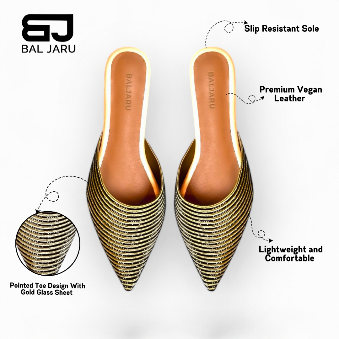 Baljaru Women's Gold Stone Sheet Pointed Toe Mules – Stylish & Comfortable