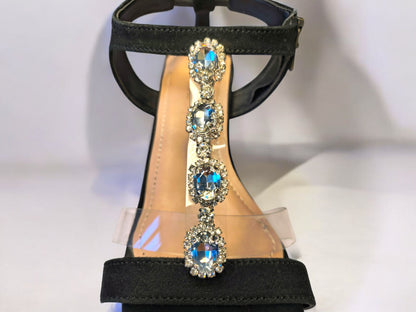 Baljaru Women's Black T-Strap Embellished Heels - Stylish Party Wear Block Heels with Crystal Detailing, Unbreakable Design, and Comfortable Fit