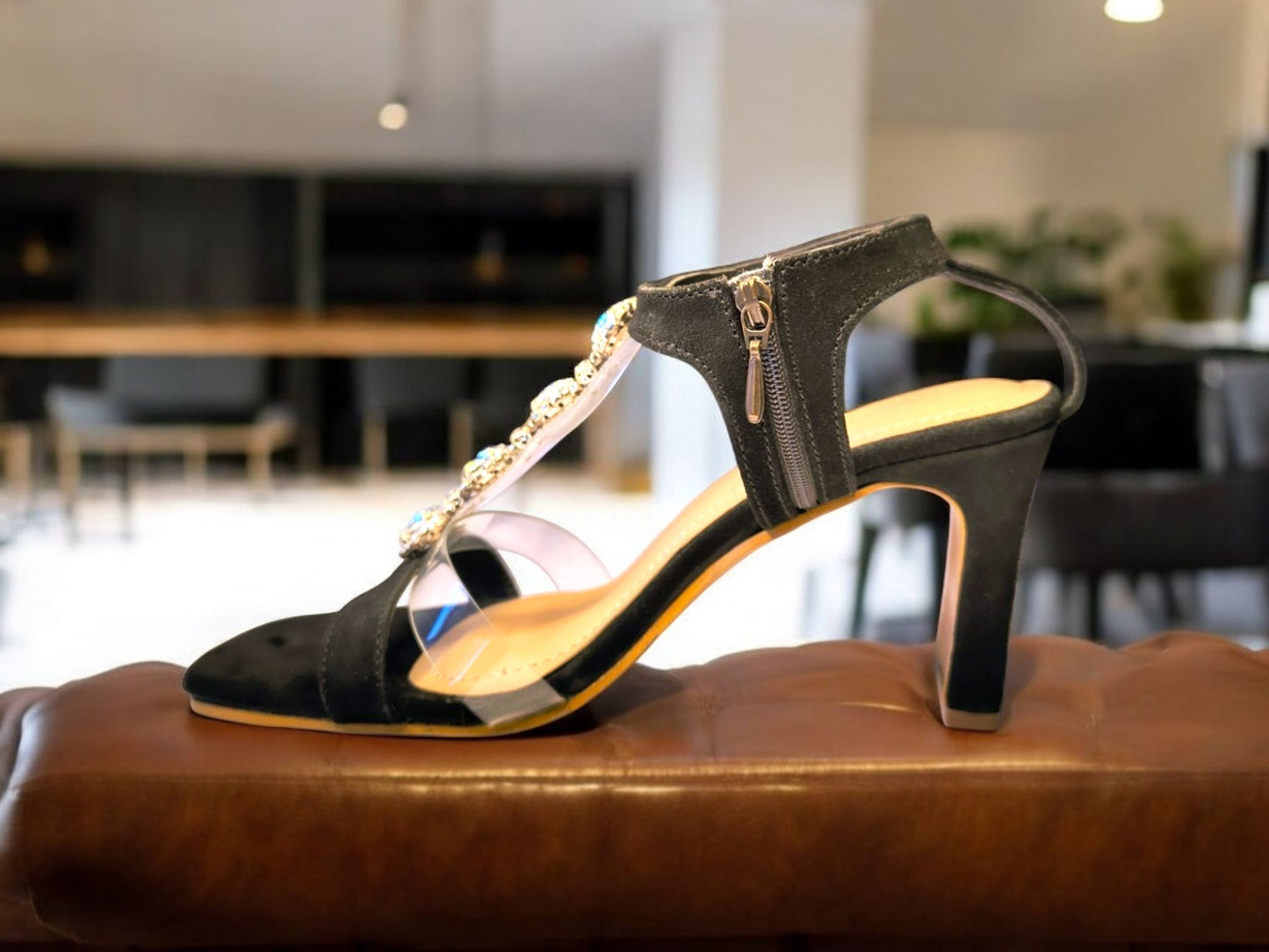 Baljaru Women's Black T-Strap Embellished Heels - Stylish Party Wear Block Heels with Crystal Detailing, Unbreakable Design, and Comfortable Fit
