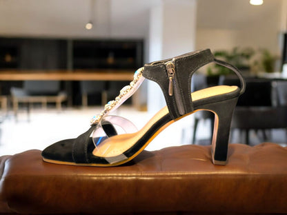 Baljaru Women's Black T-Strap Embellished Heels - Stylish Party Wear Block Heels with Crystal Detailing, Unbreakable Design, and Comfortable Fit