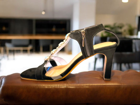 Baljaru Women's Black T-Strap Embellished Heels - Stylish Party Wear Block Heels with Crystal Detailing, Unbreakable Design, and Comfortable Fit