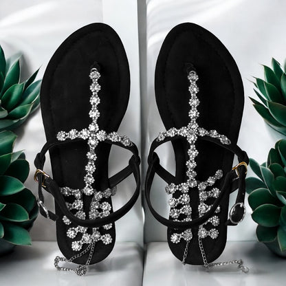 Baljaru Women's Stylish Black Diamond Chain Sandals
