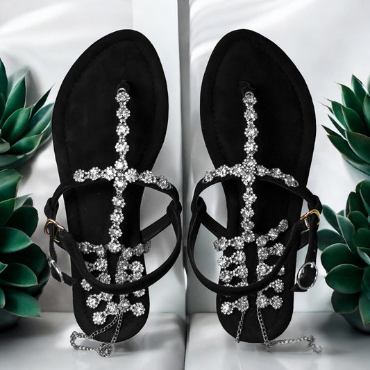 Baljaru Women's Stylish Black Diamond Chain Sandals