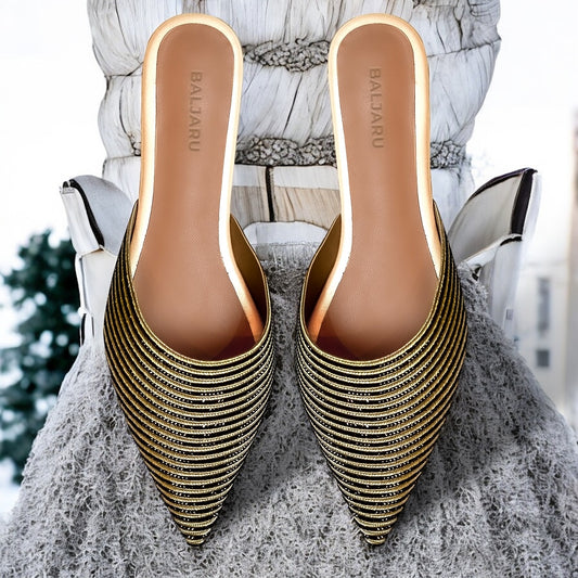 Baljaru Women's Gold Stone Sheet Pointed Toe Mules – Stylish & Comfortable