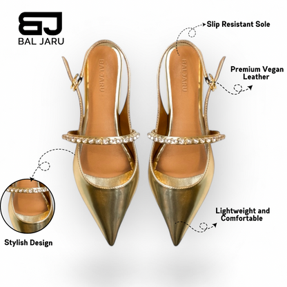 Baljaru Women's Gold Pointed Toe Flats – Cushioned & Slip-Resistant