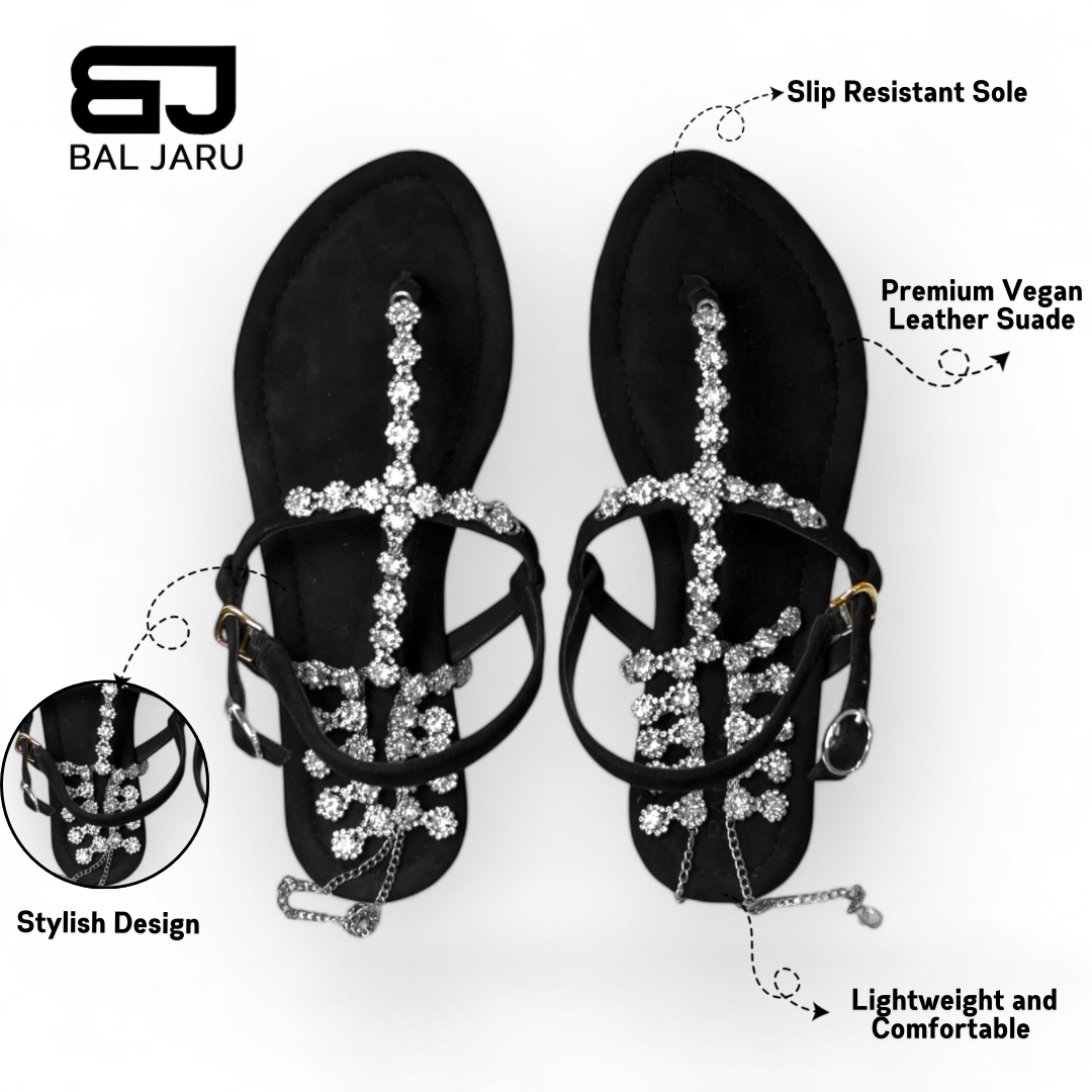Baljaru Women's Stylish Black Diamond Chain Sandals
